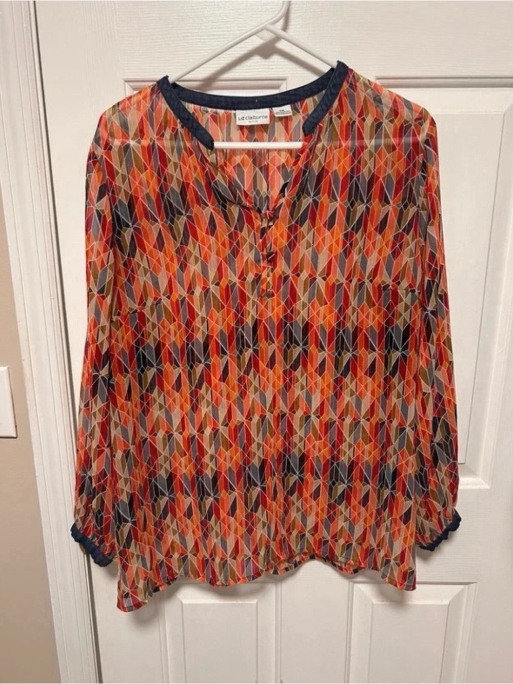 Liz Claiborne Orange and Navy Geometric Print Blouse